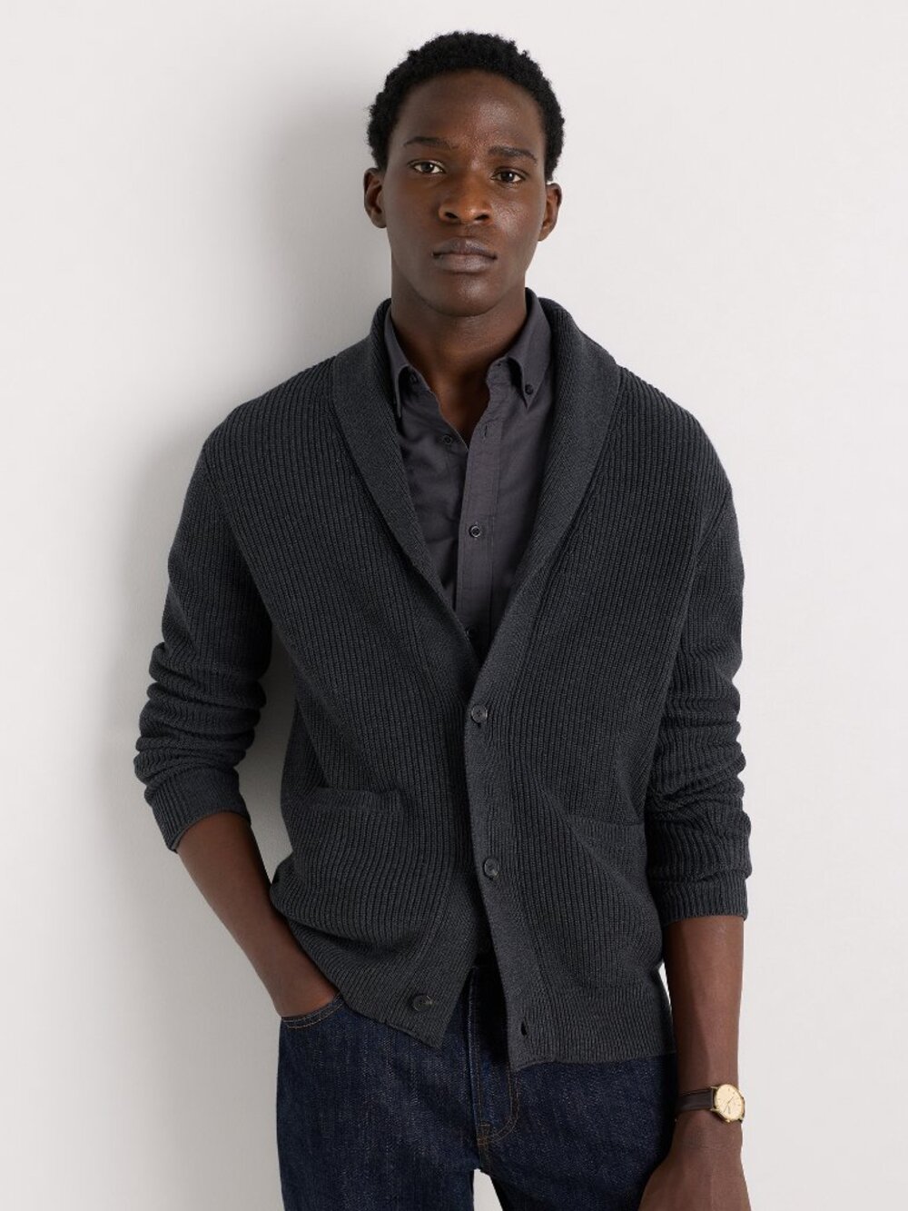Quince Ribbed Shawl-Collar Cardigan Sweater in Charcoal